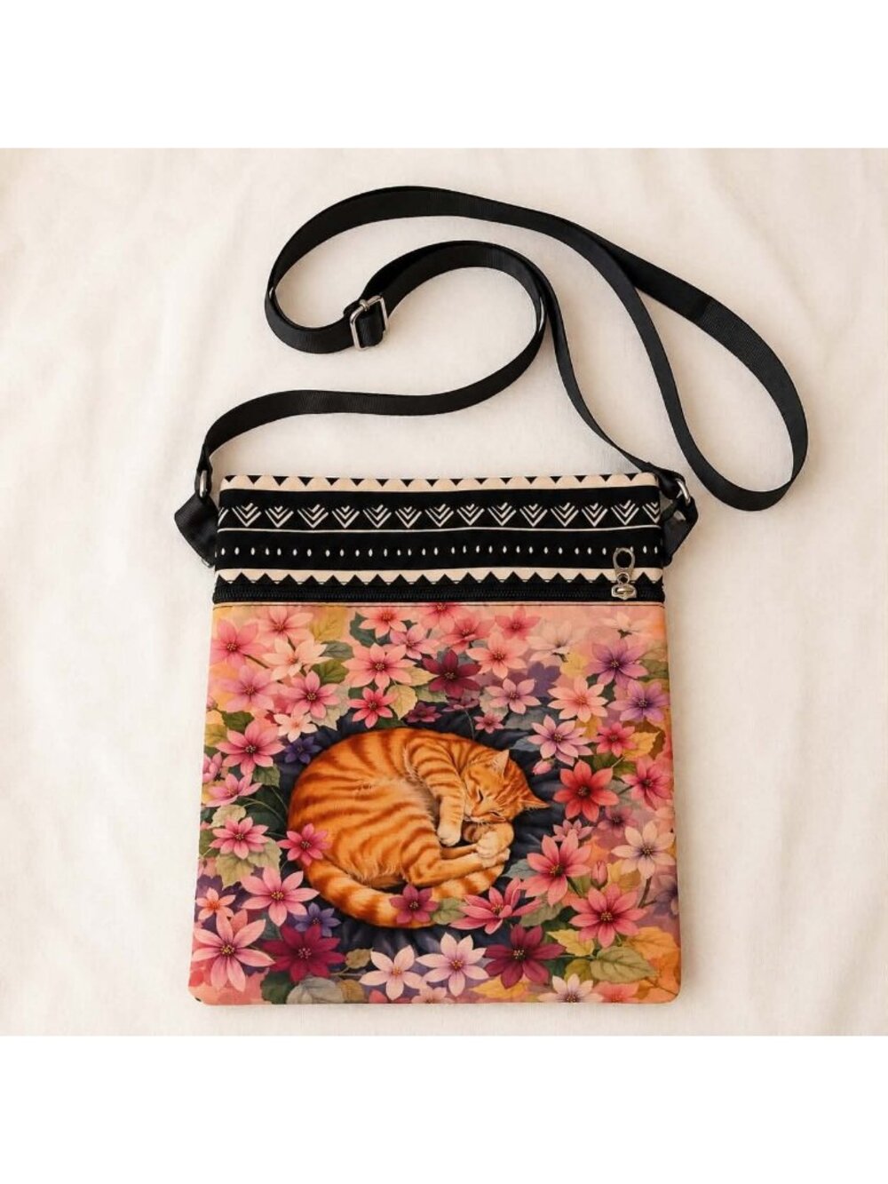 Sleeping Orange Tabby Cat Floral Crossbody Phone Bag